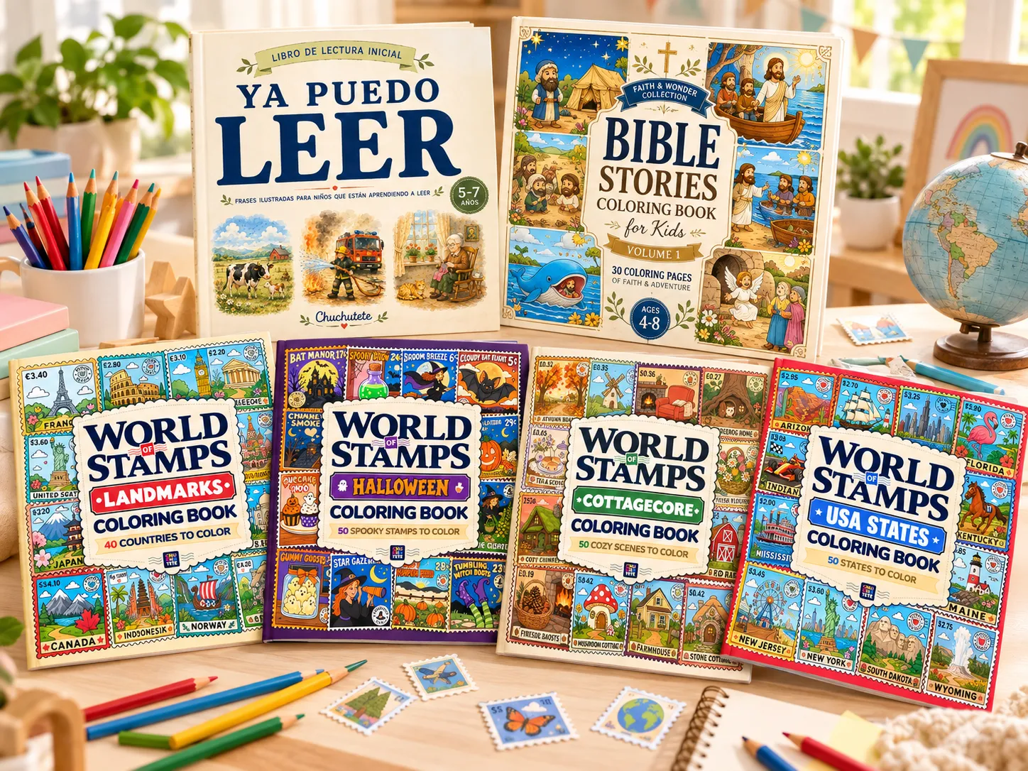 Libros de Chuchutete sobre un escritorio: Ya Puedo Leer, Bible Stories y libros para colorear World of Stamps